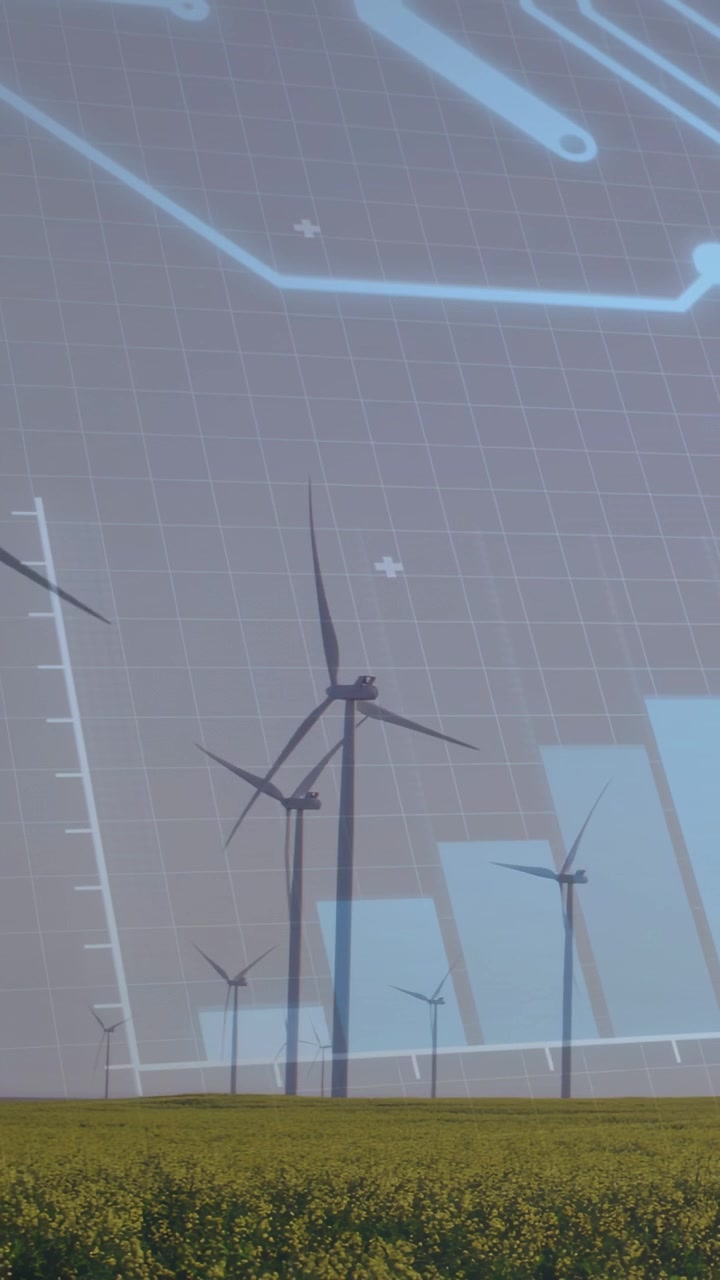 Video verticale: Griglia blu che appare, turbine che ruotano, barre che si alzano per mostrare la produzione di energia rinnovabile.