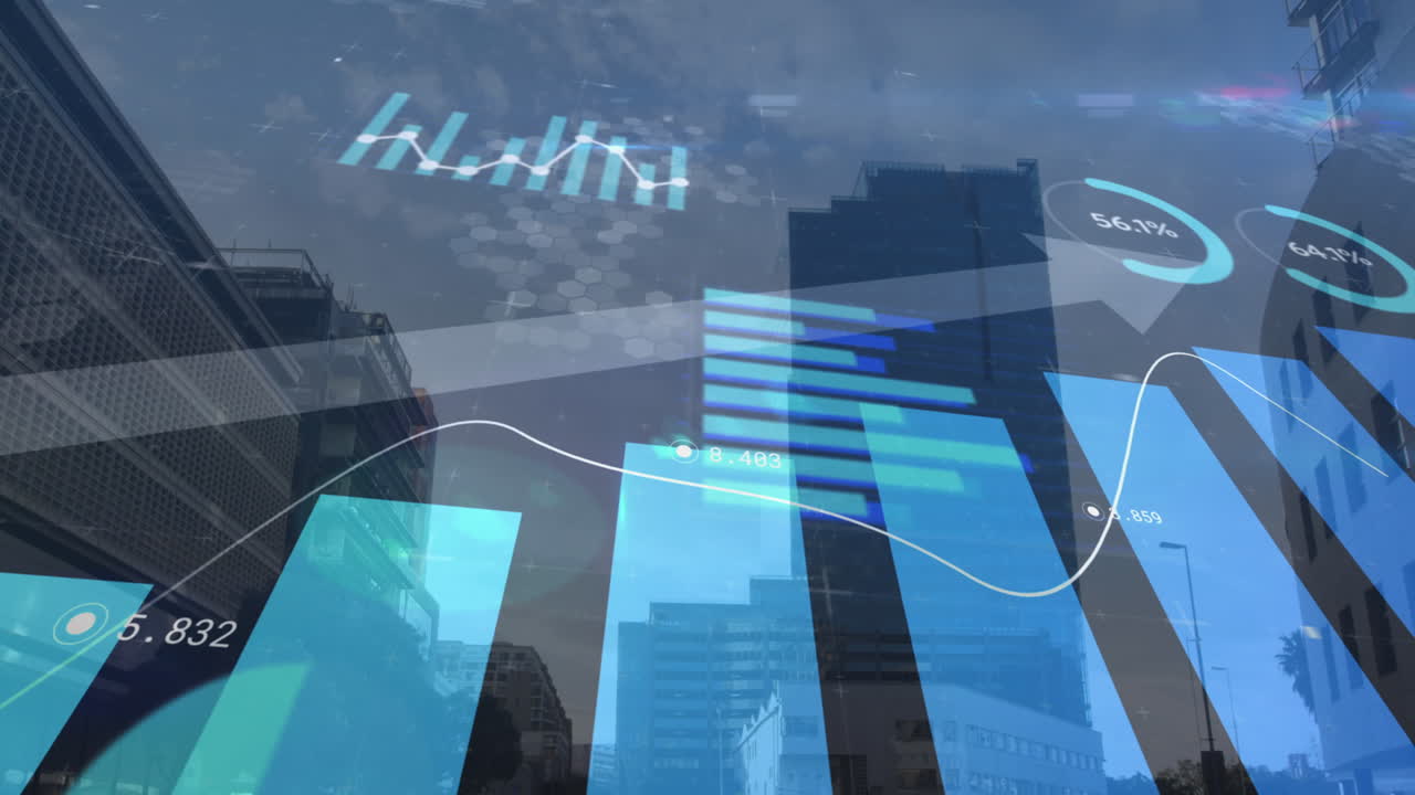 백그라운드의 높은 건물에 대한 금융 데이터 처리의 디지털 구성