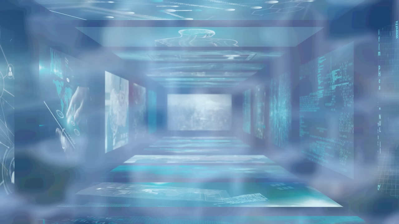 파란색 배경 위의 화면에서 다양한 데이터의 애니메이션