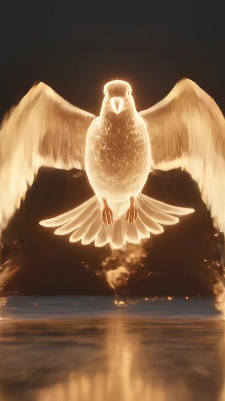 Vertical video: Wingbeat sending golden bird gliding across mirror floor, toward camera with sparks