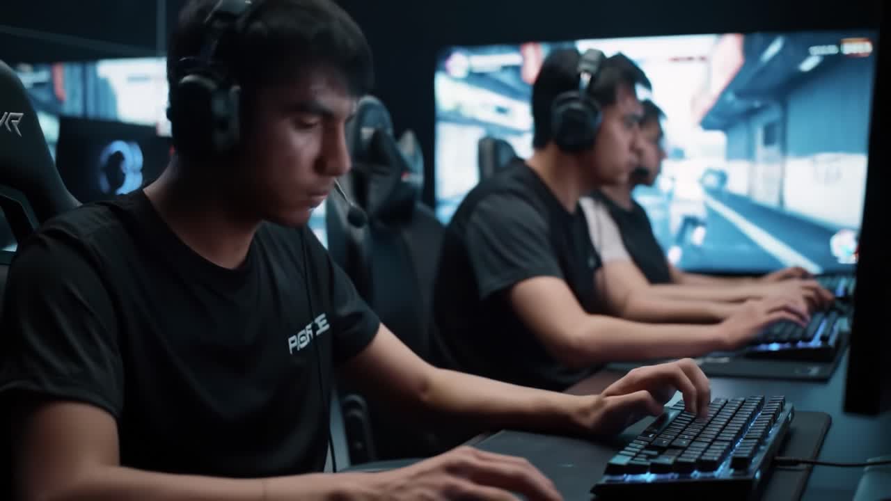 Intense Focus in Competitive Gaming: A Close-up View of Gamers Engaged in Action as They Navigate a Virtual Battlefield, Innovating Strategies for Victory