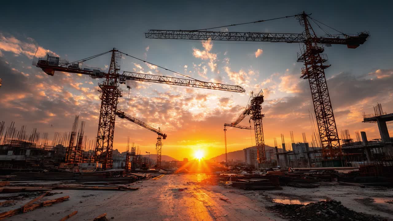 Captivating Sunset View of Construction Cranes Silhouetted Against a Dazzling Sky – A Dramatic Evening Scene Showcasing Urban Development and Progress