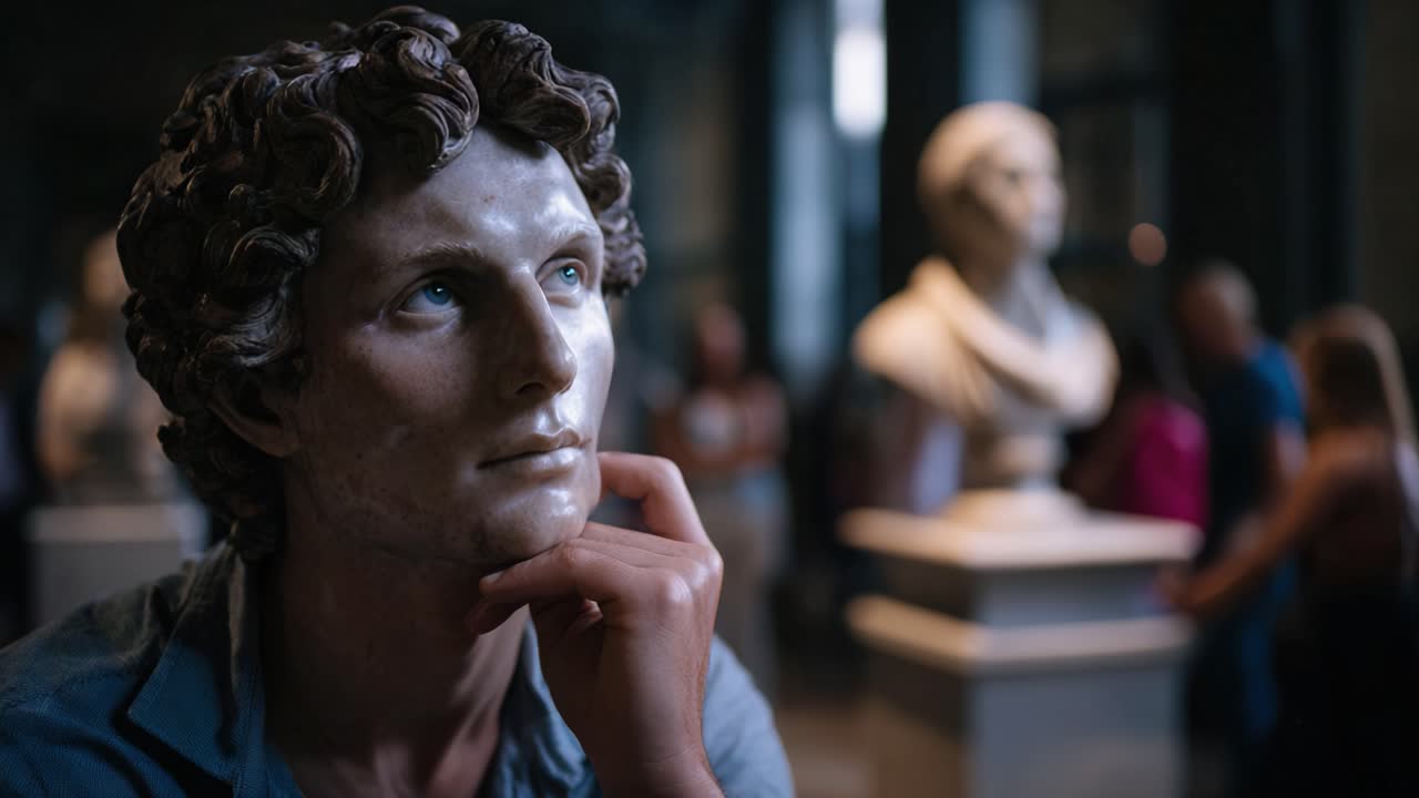 Scultura pensosa in un museo: una figura in marmo accattivante con dettagli intricati cattura l'attenzione tra altri busti in un contesto culturale.