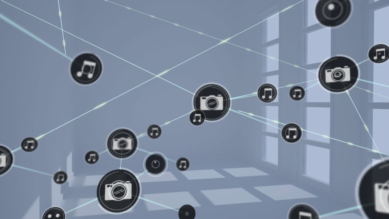 빈 방 위에 아이콘으로 연결된 네트워크의 애니메이션