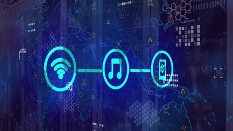 Animación-De-Iconos-De-Medios-Sobre-El-Mapa-Mundial-Y-La-Sala-De-Servidores
