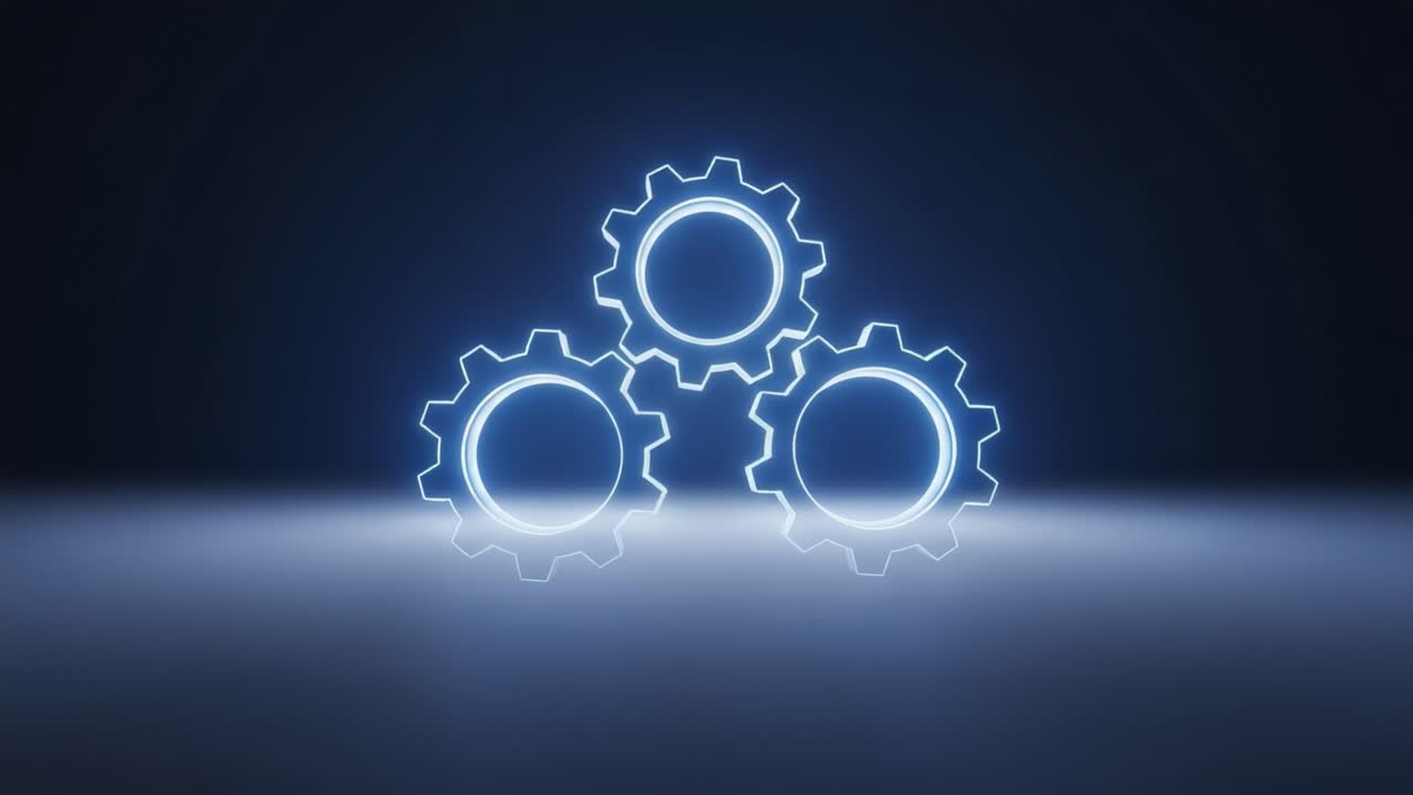 Elegant Representation of Three Interconnected Gears Illuminated in a Dimly Lit Environment, Symbolizing Mechanics, Collaboration, and Innovation in Technology