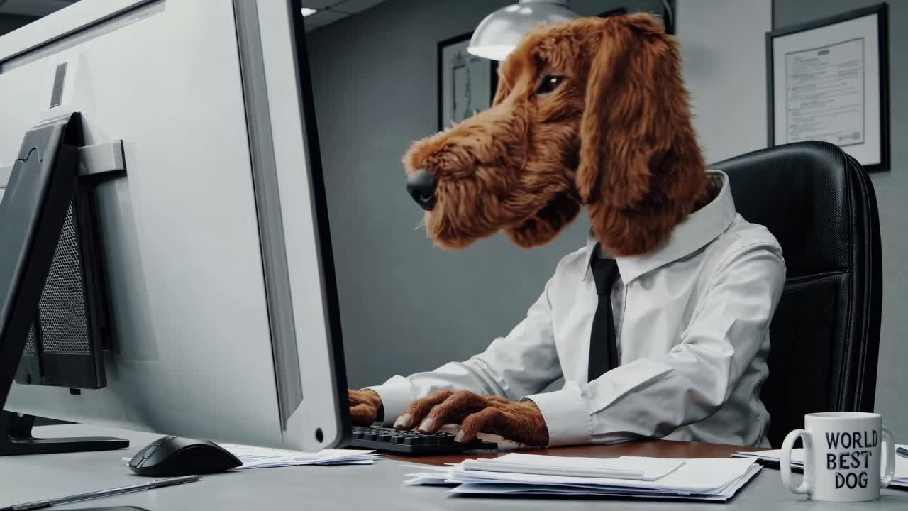 Brown business dog in an office uniform with white shirt working on a computer in an office