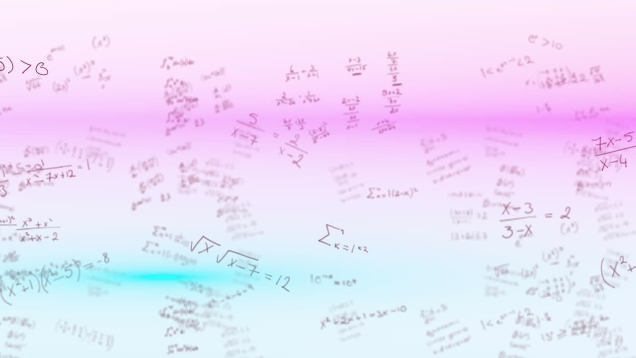 Animation of purple and blue light trails over mathematical equations against white background