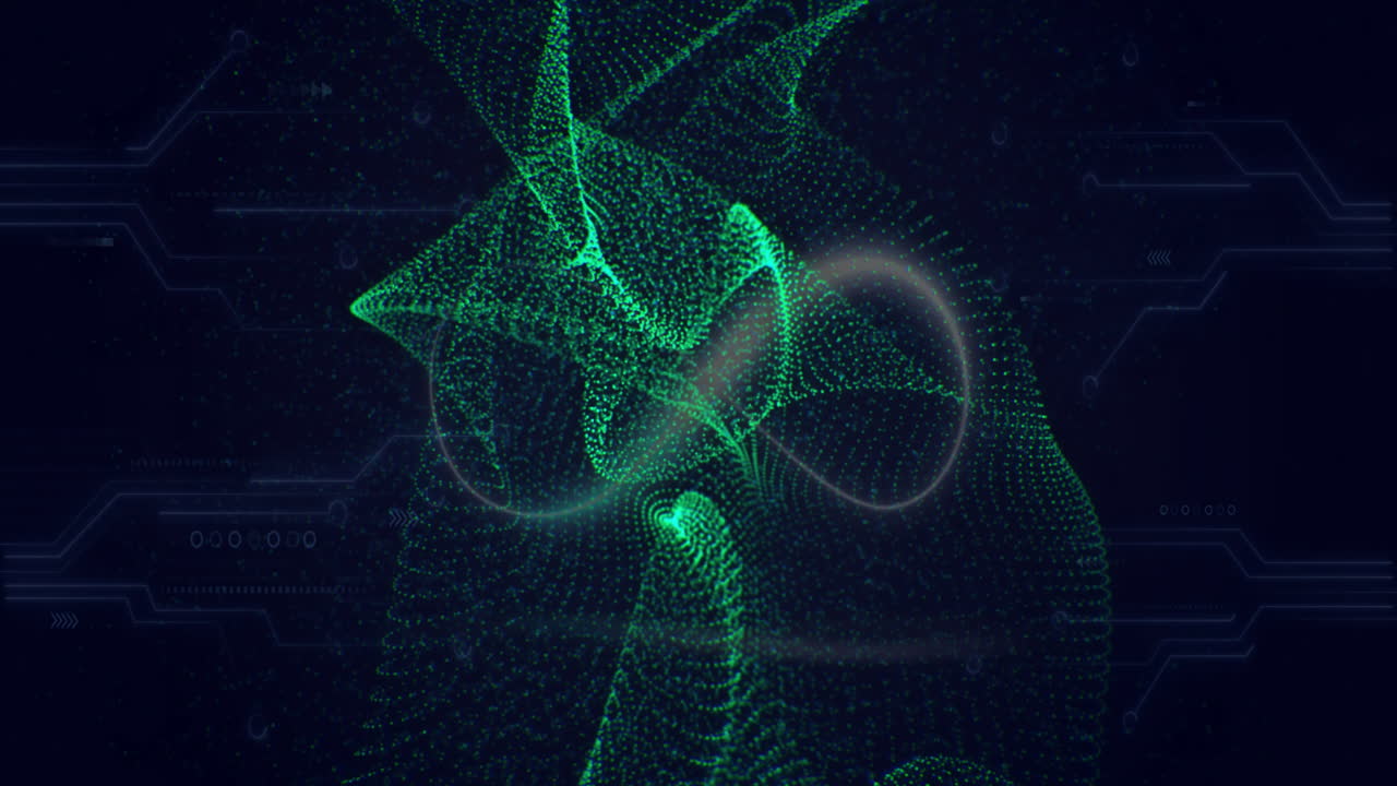 Abstract green particle waves forming complex shapes, digital data animation