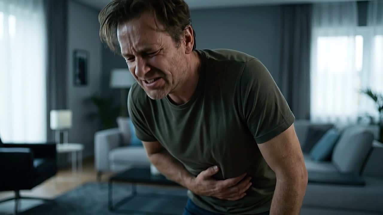 Man in dark shirt bending forward clutching abdomen while suffering from strong stomach cramps indoors