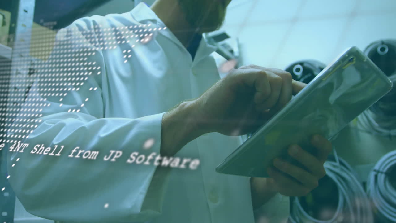 Using tablet with digital data overlay, scientist working in laboratory animation