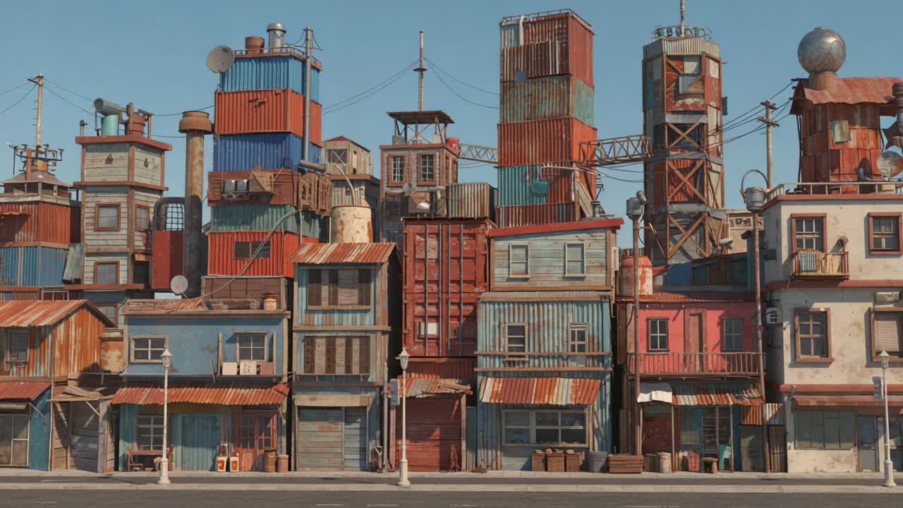 A Vibrant Urban Landscape: An Architectural Study of Colorful and Distinctive Shipping Container Structures Against a Clear Blue Sky