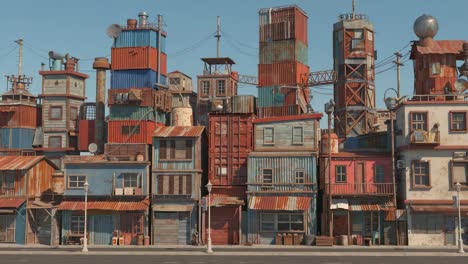 a vibrant urban landscape: an architectural study of colorful and distinctive shipping container structures against a clear blue sky