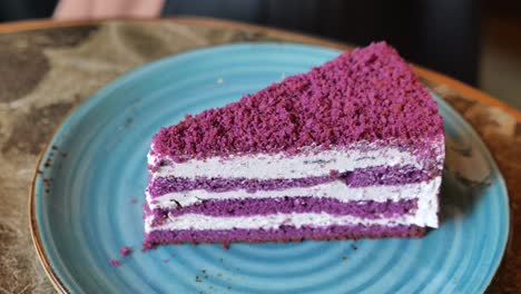 a slice of purple cake with white frosting and a crumb topping