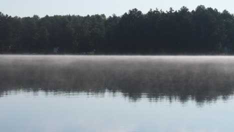 Niebla-Ligera-Sobre-Un-Lago-Tranquilo-Por-La-Mañana---Agua-Humeante-De-Verano-Con-árboles-En-El-Fondo