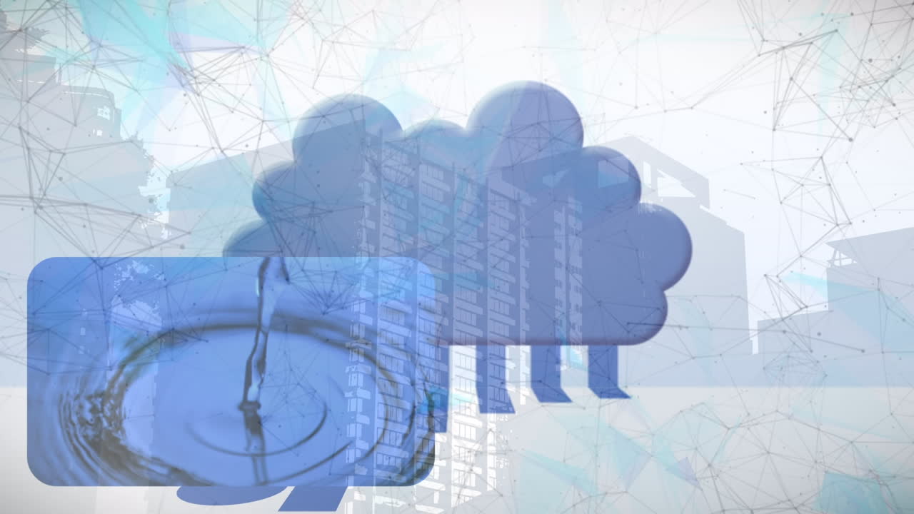 animación de la red de conexiones y la nube sobre el paisaje urbano