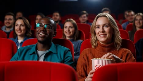 happy couple enjoying movie with popcorn at cinema
