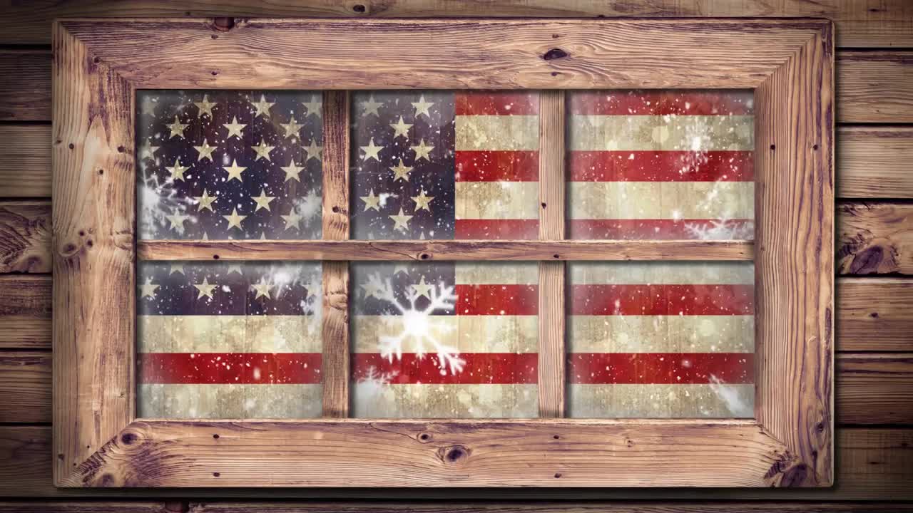 nieve cayendo y bandera estadounidense