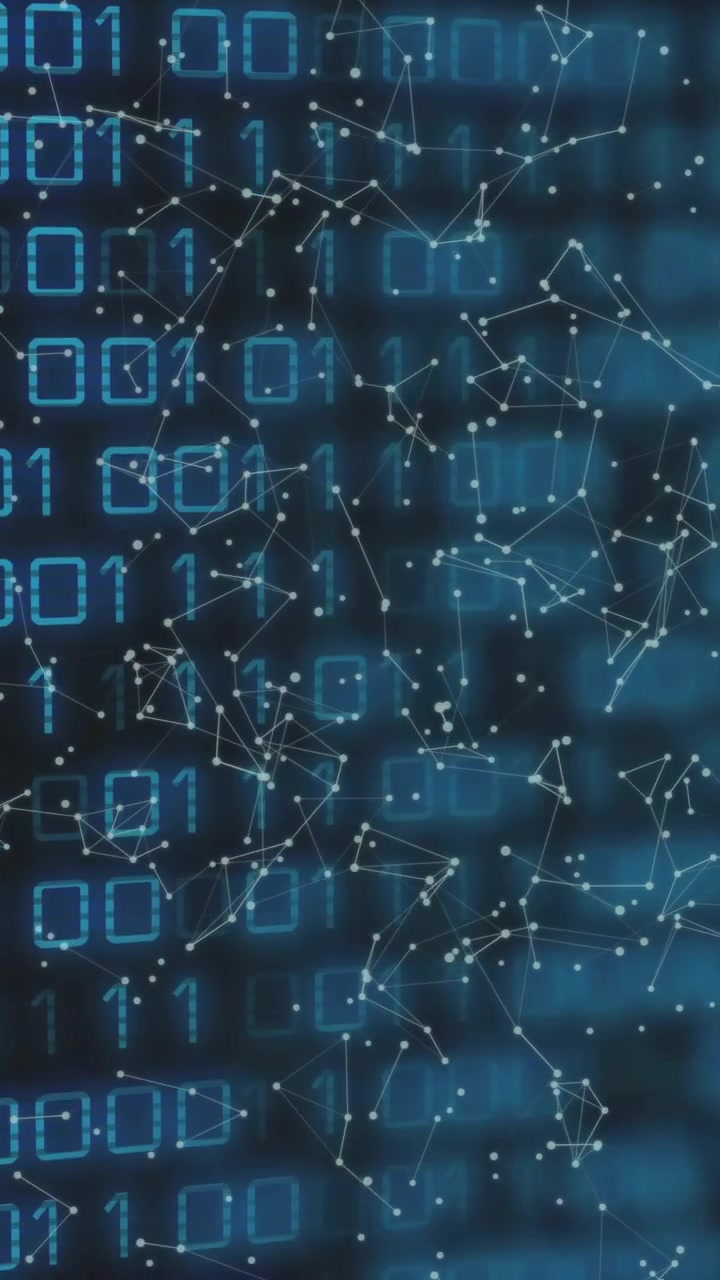 Binary code and network connections, digital data processing animation