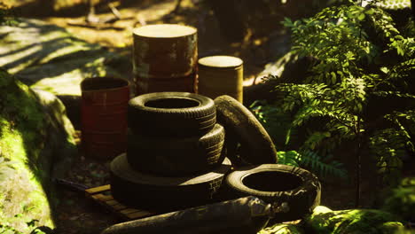 old used wheels in the tropical forest as pollution concept