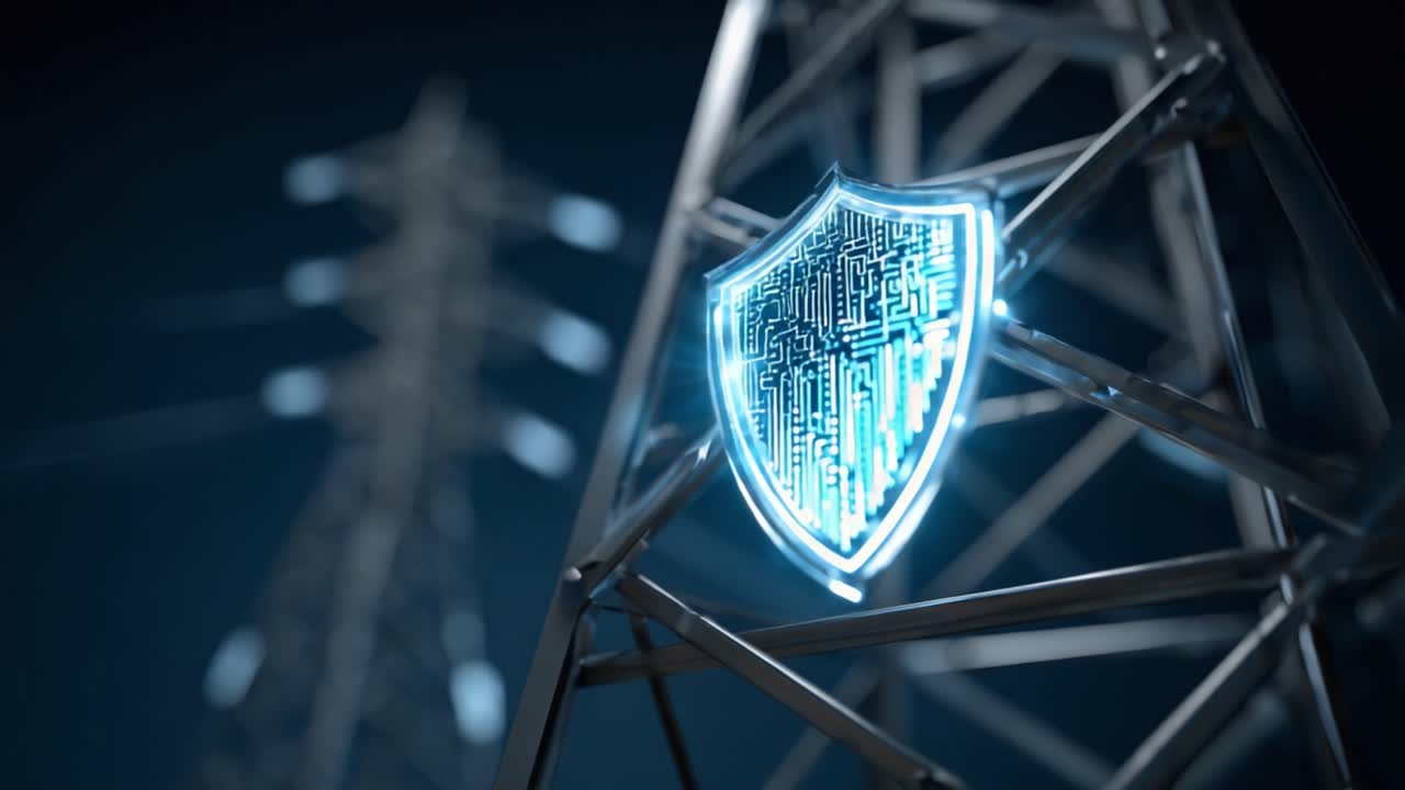 Visualizzazione Futuristica della Rete Elettrica con uno Scudo Digitale che Simboleggia la Protezione di Cibersicurezza per le Linee di Trasmissione Elettrica.