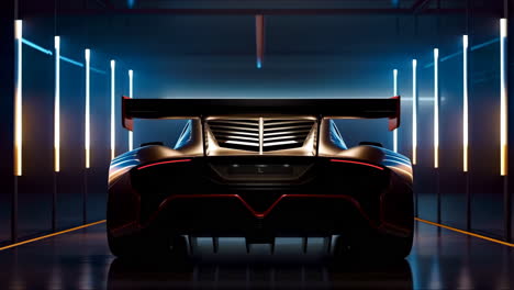 rear view of a futuristic sports car in a neon-lit garage