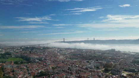 aerial view of lisbon city, the 25 de abril bridge in the background