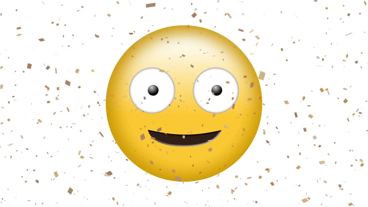 animación digital de confeti dorado cayendo sobre un emoji de cara tonta sobre un fondo blanco
