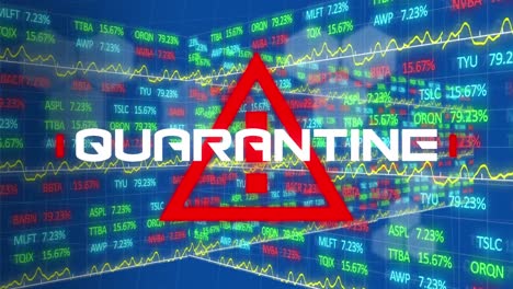 signo de atención con texto de cuarentena contra el procesamiento de datos del mercado de valores