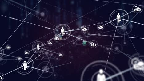 animation of network of profile icons and globe of digital icon over light trails on blue background