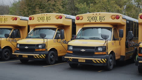 wilson, ny, usa, october 2021: row of yellow school buses in the parking lot near the school