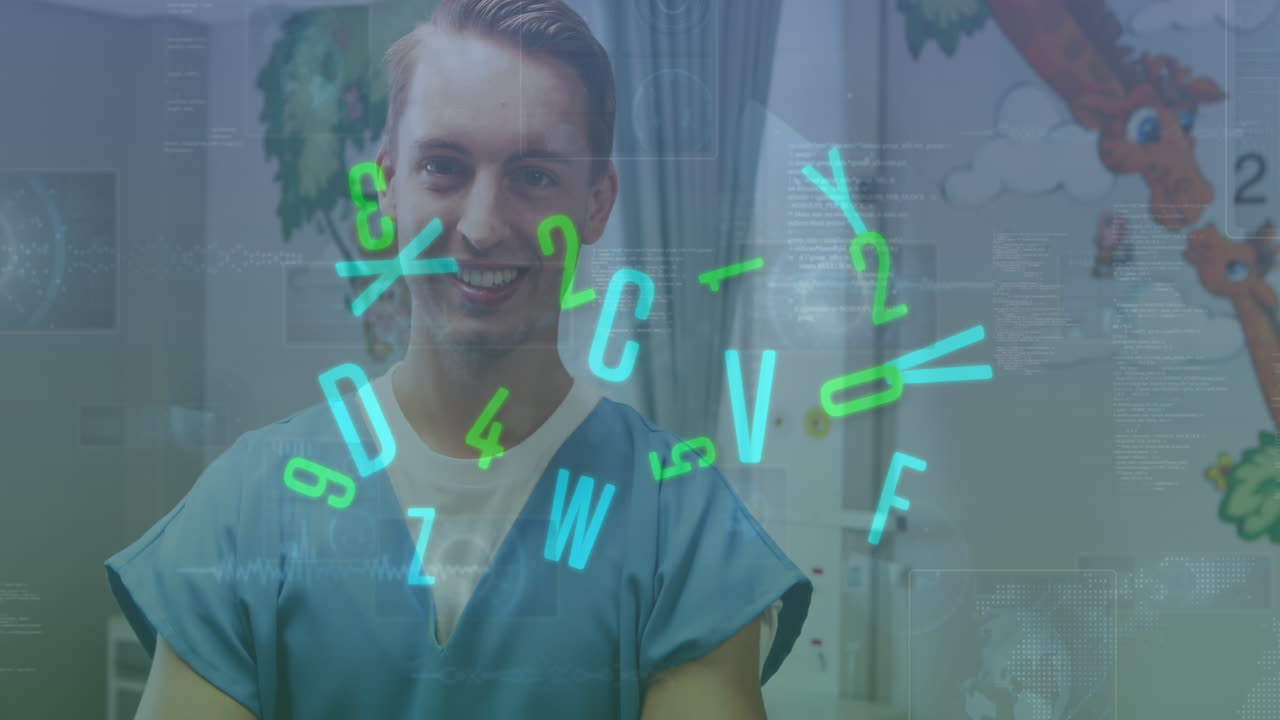 animación de los números cambiando y ámbitos en las pantallas sobre el médico masculino