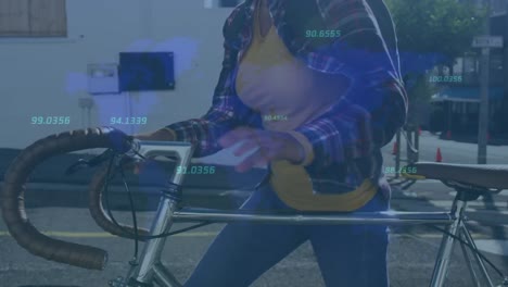 animation of data processing over caucasian woman with bike