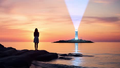 woman standing on rocks by the sea is observing a lighthouse illuminating the ocean with its bright light during a beautiful sunset, creating a hopeful and inspiring atmosphere