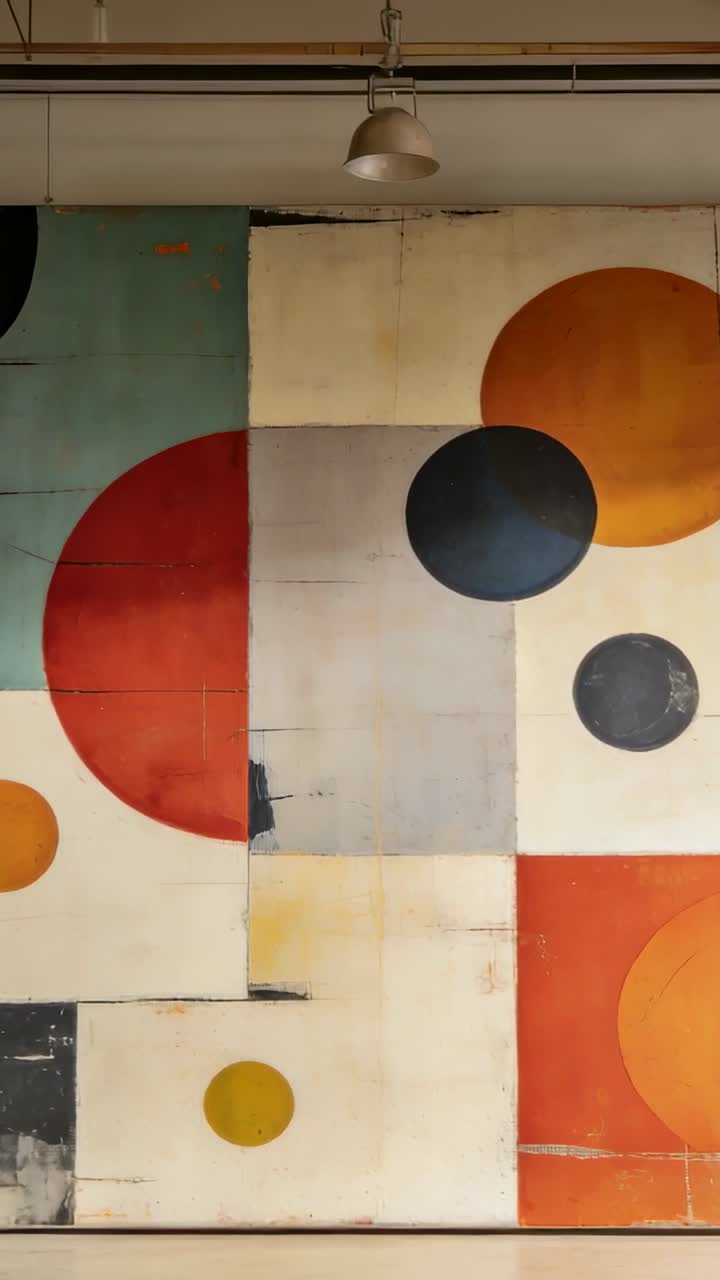 Video verticale: Telecamera che riprende un grande murale in galleria, mostrando una lampada a sospensione.