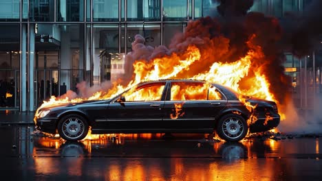 a black car is engulfed by flames in front of a building