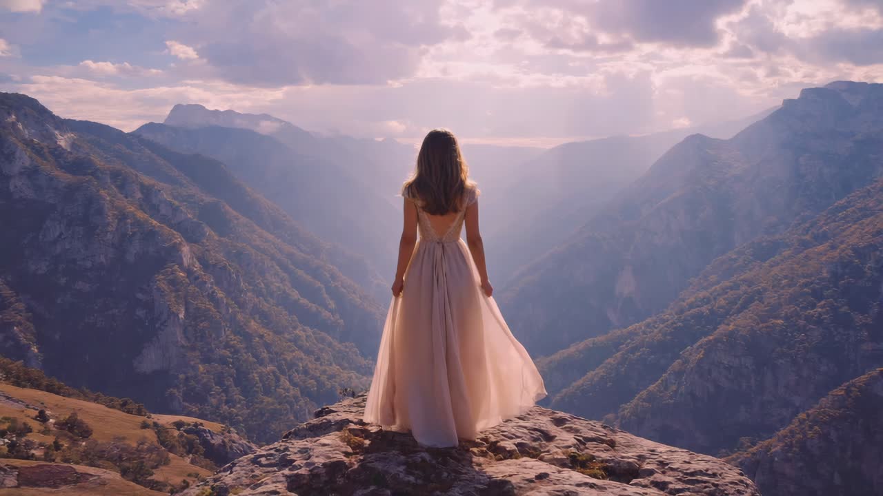 Woman wearing a long elegant dress standing on the edge of a cliff with open arms, enjoying the majestic mountain landscape at sunset, feeling freedom and connection with nature