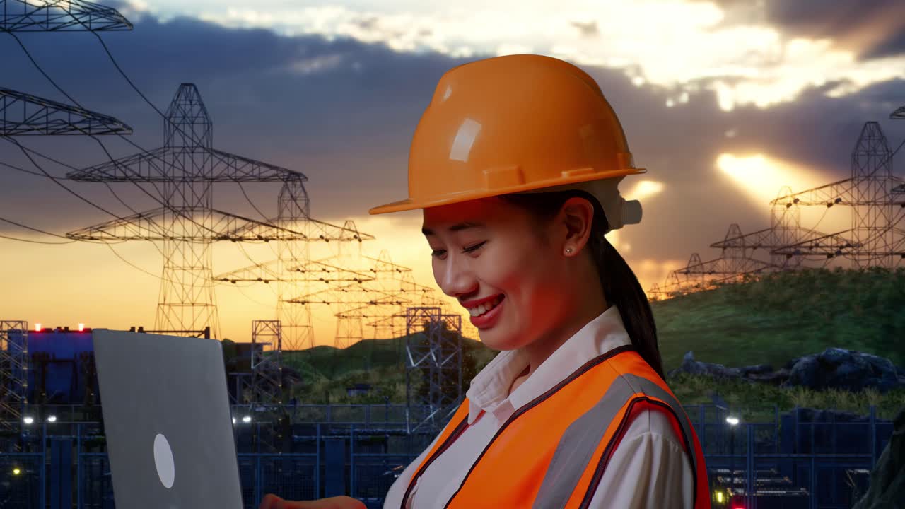 Close Up Side View Of Asian Female Engineer With Safety Helmet Working On A Laptop While Standing Near High Voltage Tower
