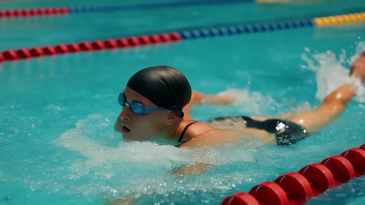 Dynamic video shot of a swimmer in action, captured from a low angle, highlighting the power