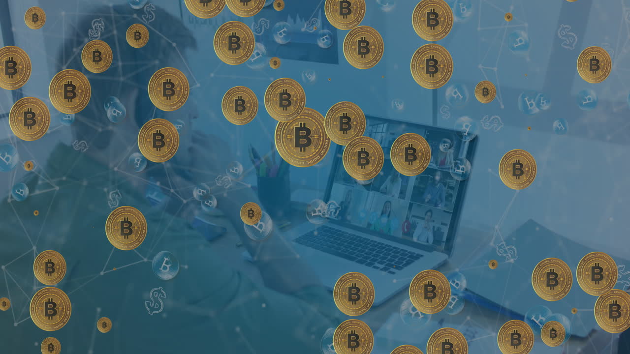 animación de símbolos de bitcoin sobre un hombre caucásico usando una computadora portátil