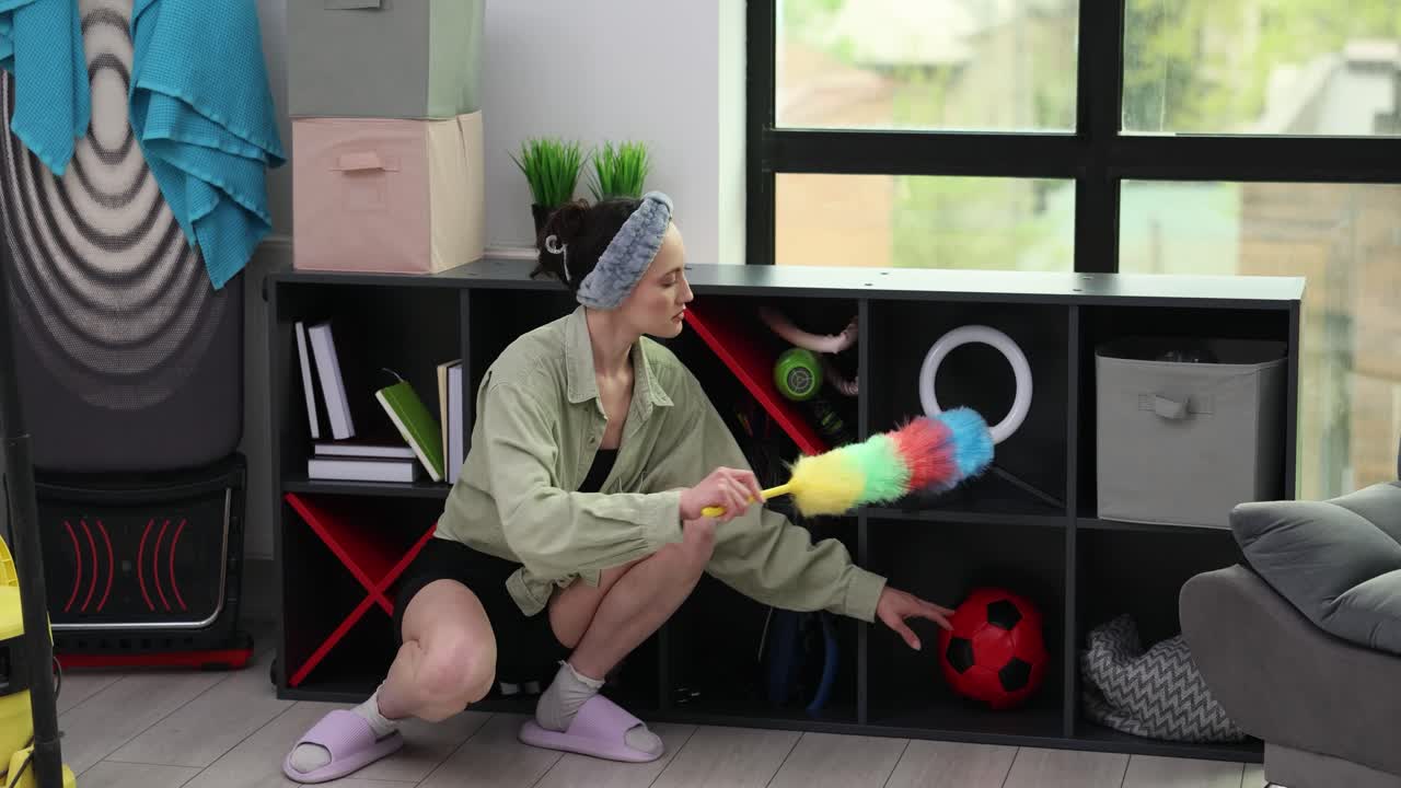 Young Woman Dusting and Cleaning a Shelf Unit at Home