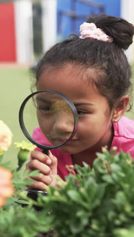 vertical video: in a school setting, a young biracial girl examines plants closely