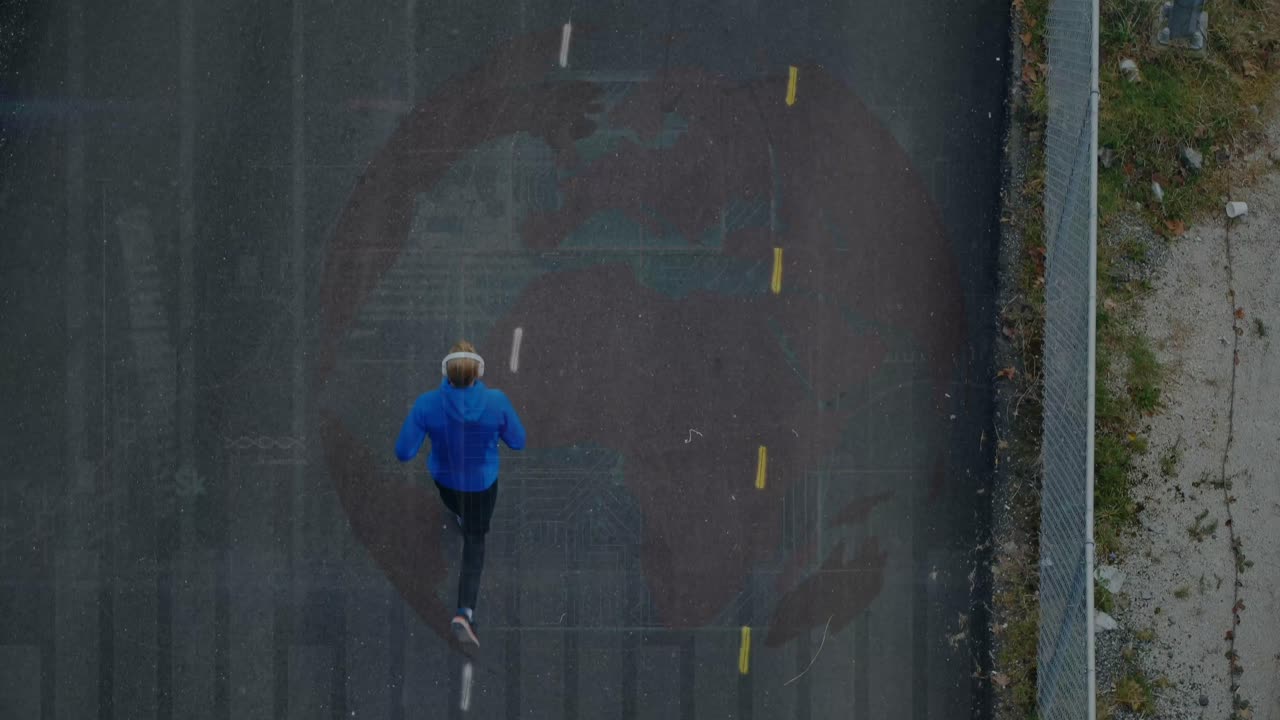 Animation of financial data processing over man running on street