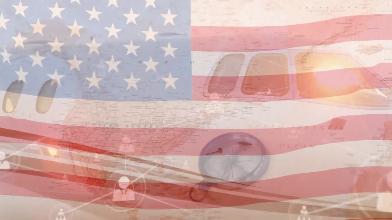 animación de ondear la bandera de ee.uu. sobre el aeropuerto y el mapa
