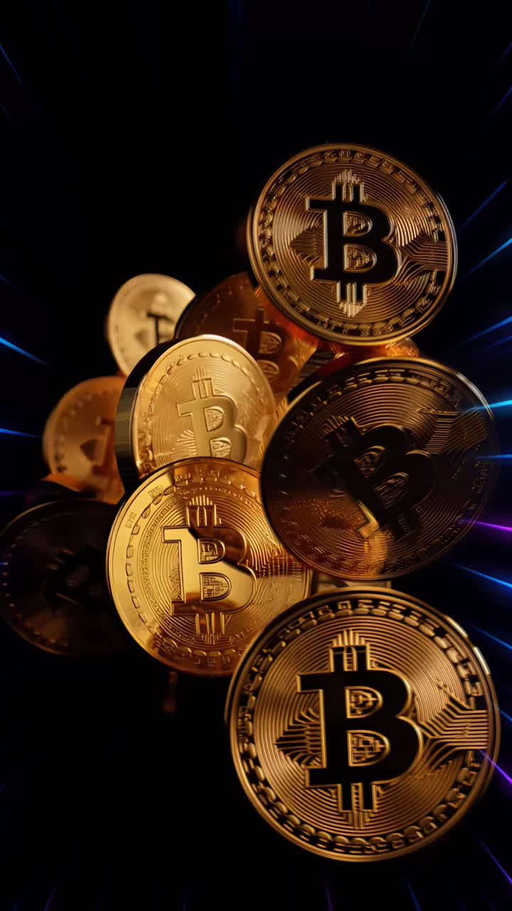 Animazione rotante di Bitcoin dorato su sfondo scuro, criptovaluta cinematografica 4K.