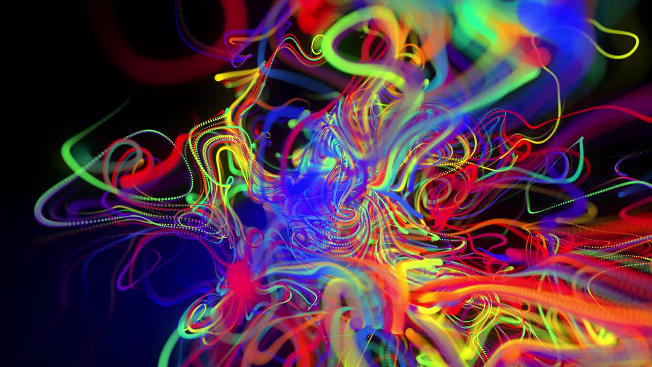 fondo en bucle abstracto con flujo de líneas multicolores de brillo o rayas de luz. las partículas de luces en funcionamiento se forman en el espacio 3d brillando hermosas líneas curvas con luz de neón. hermoso bg creativo en 4k.