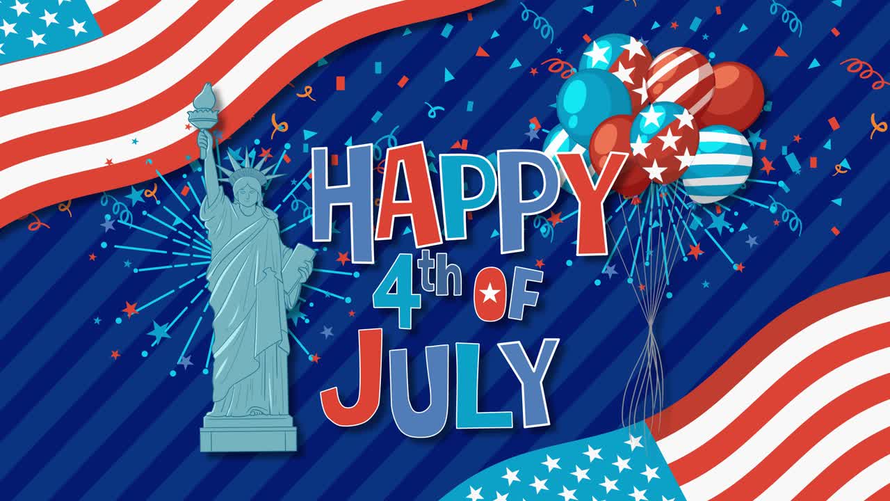 Vibrant animation featuring the Statue of Liberty, fireworks, and American flags celebrating Independence Day with dynamic transitions and festive colors
