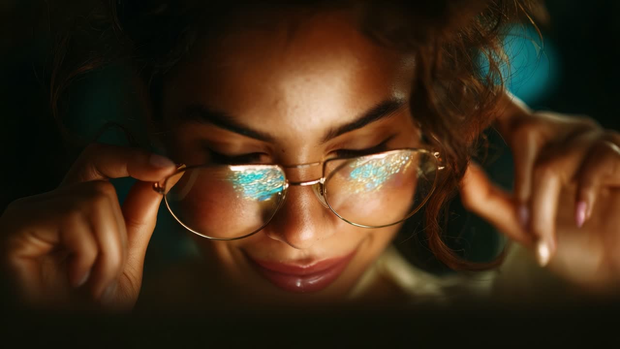 A captivating close-up of a woman with alluring eyes and stylish glasses, showcasing a blend of confidence and intrigue, drawing viewers into a moment of curiosity and engagement
