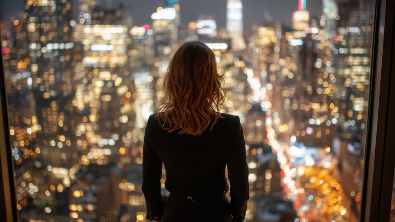 A Woman Gazes Out Over a Vibrant City Skyline at Night, Illuminated by Sparkling Lights and a Tapestry of Urban Life, Evoking a Sense of Wonder and Reflection