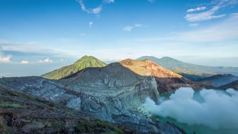 timelapse of sunrise over mount ijen, active volcano with sulphur gas.
